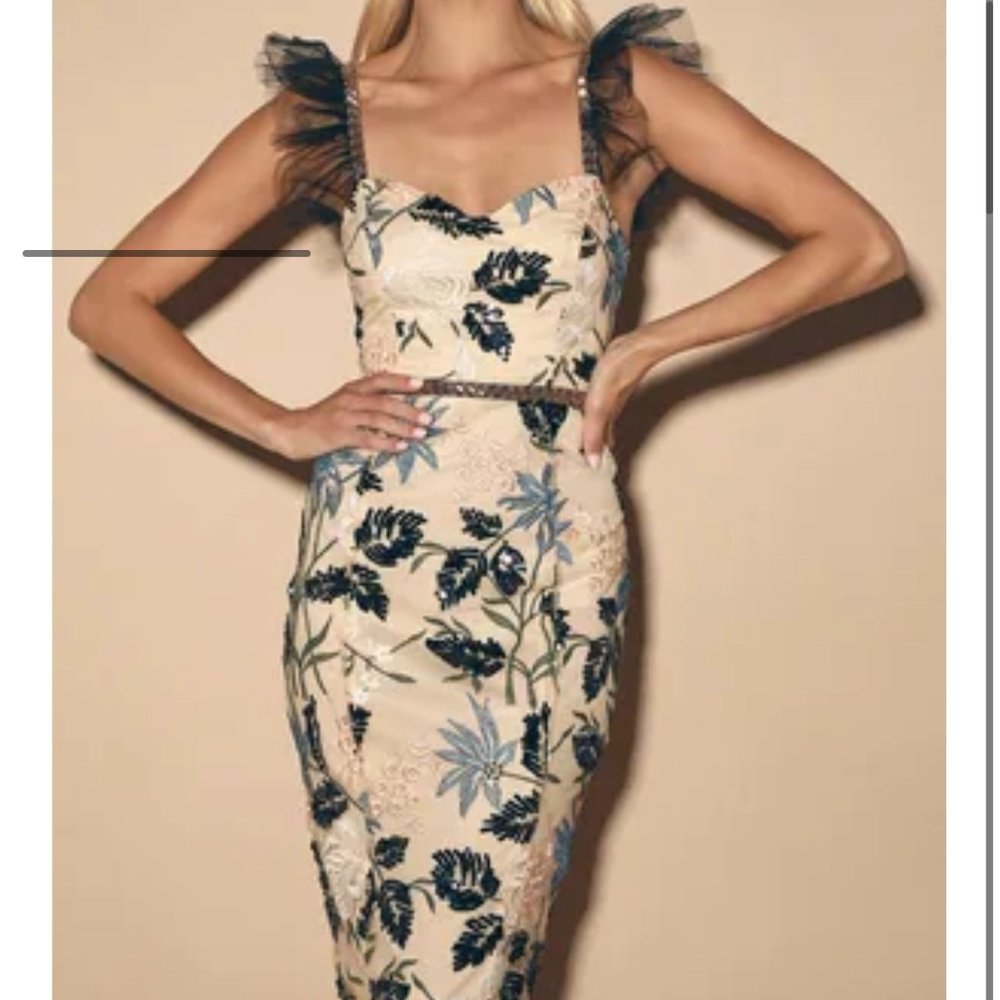 Cream Embroidered Sequin Midi Dress